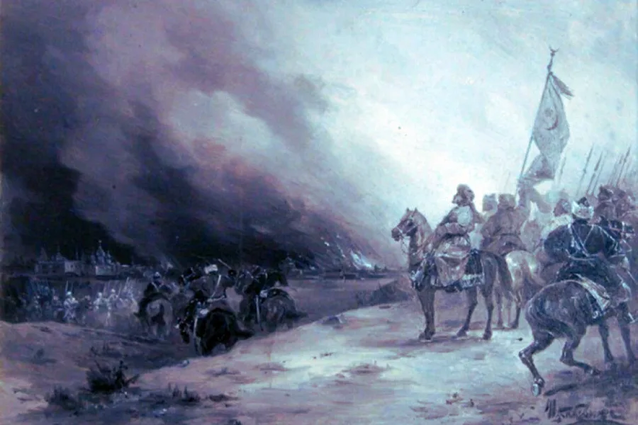 Хан Девлет Герай дивиться на палаючу москву, 1571 (І. Їжакевич, 1889)

