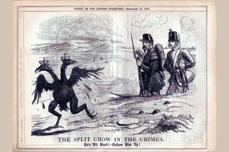 "Двоголовий ворон в Криму" (карикатура з журналу "Панч", 1855 р.). Підпис: "Він добряче отримав. Наздоганяй його!".

