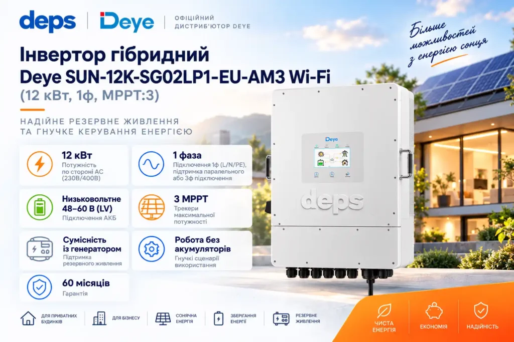 Гібридний інвертор Deye SUN-12K-SG02LP1-EU-AM3 Wi-Fi 12 кВт 1 фаза з 3 MPPT для резервного живлення будинку Гібридний інвертор Deye SUN-12K-SG02LP1-EU-AM3 Wi-Fi 12 кВт 1 фаза з 3 MPPT для резервного живлення будинку